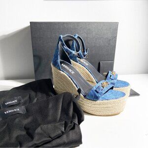 NWT Versace120mm Barocco-denim wedge espadrilles size 38